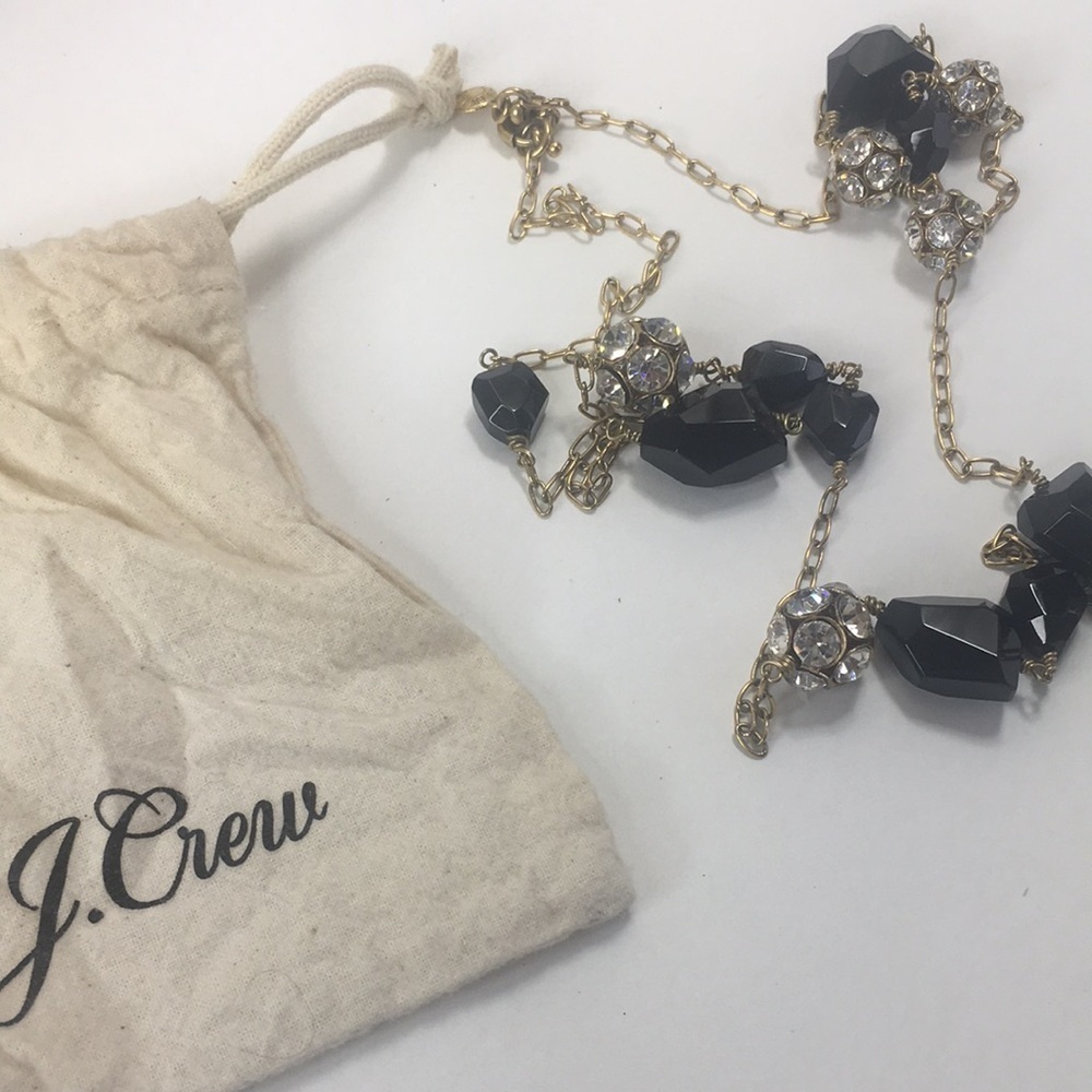 J Crew gold tone chain faceted black rhinestone balls necklace 32" long with bag